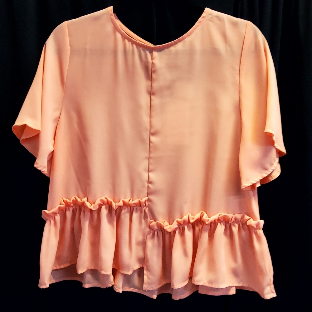 Annie Wear - peach s/s, ruffled bottom, asymmetrical ladies blouse
